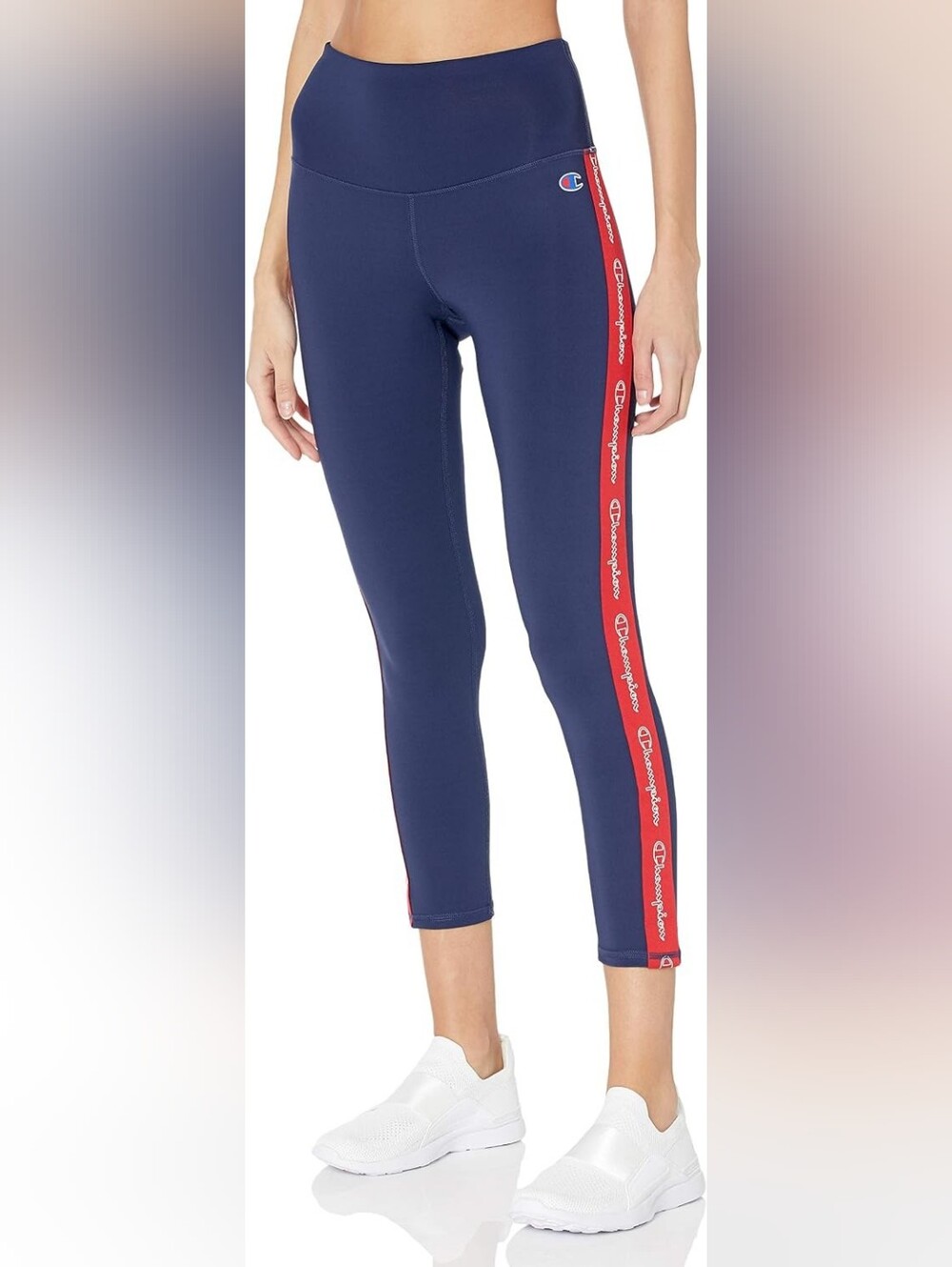 Champion Navy Capri Leggings with Red Logo Side Tape